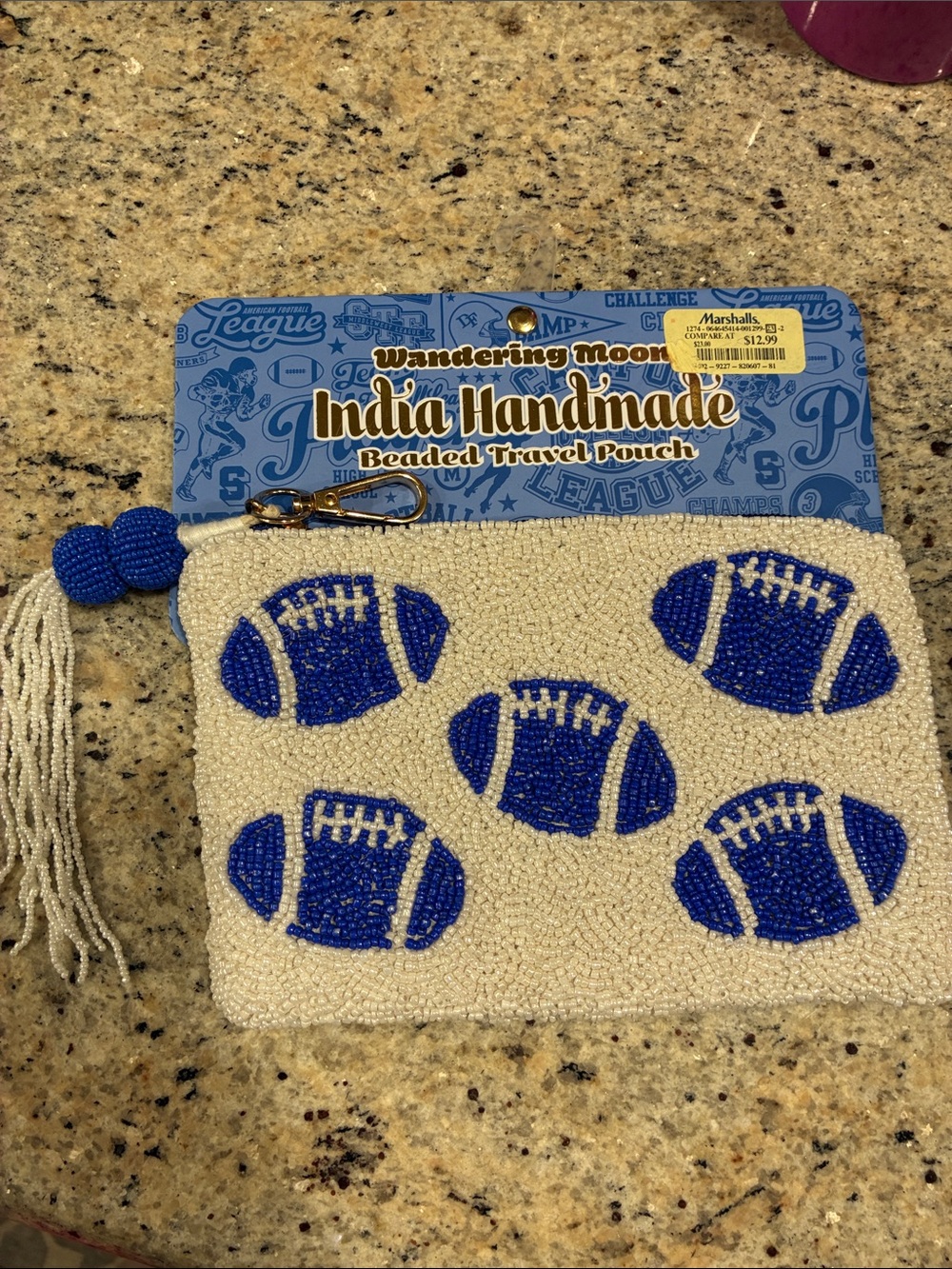 Blue Beaded Football Pouch - White & Blue
